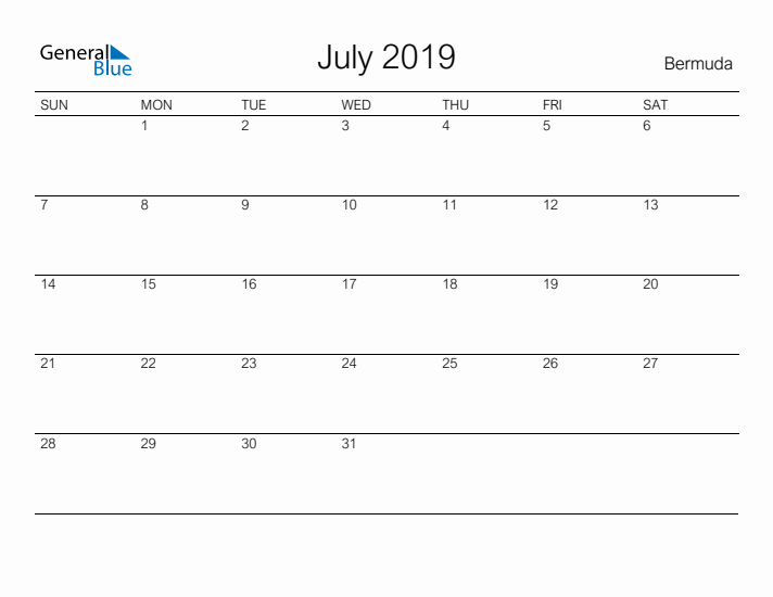 Printable July 2019 Calendar for Bermuda