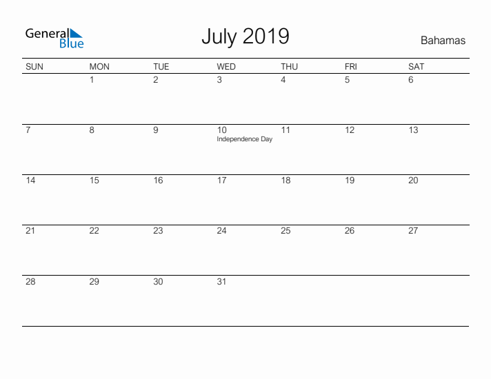 Printable July 2019 Calendar for Bahamas