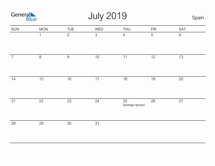 Printable July 2019 Calendar for Spain