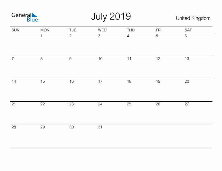 Printable July 2019 Calendar for United Kingdom