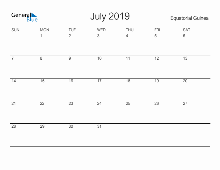 Printable July 2019 Calendar for Equatorial Guinea