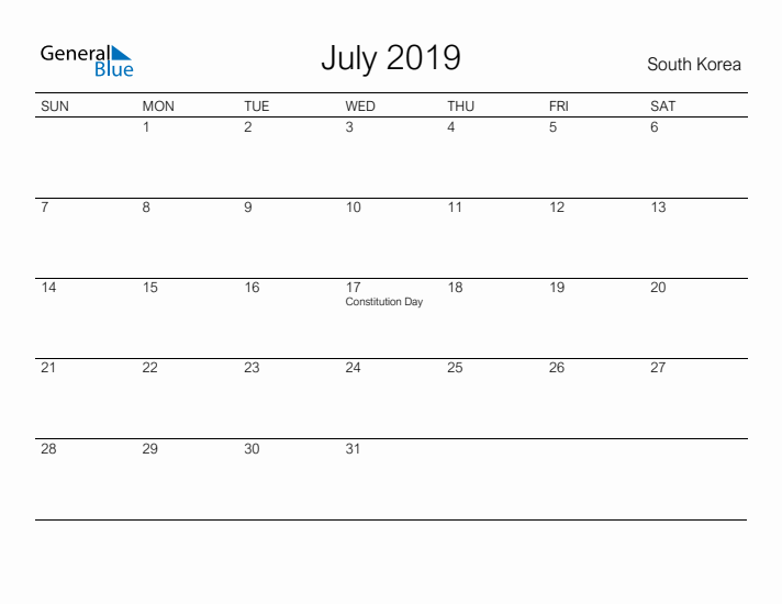 Printable July 2019 Calendar for South Korea