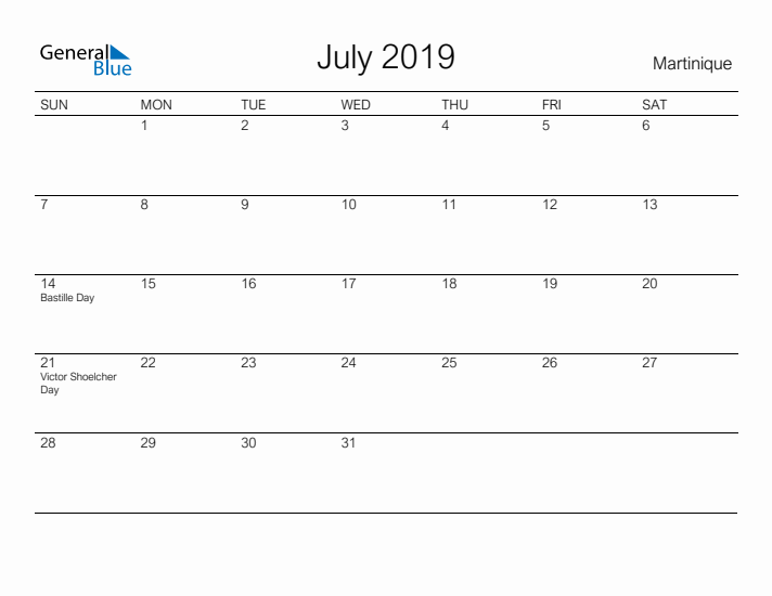 Printable July 2019 Calendar for Martinique