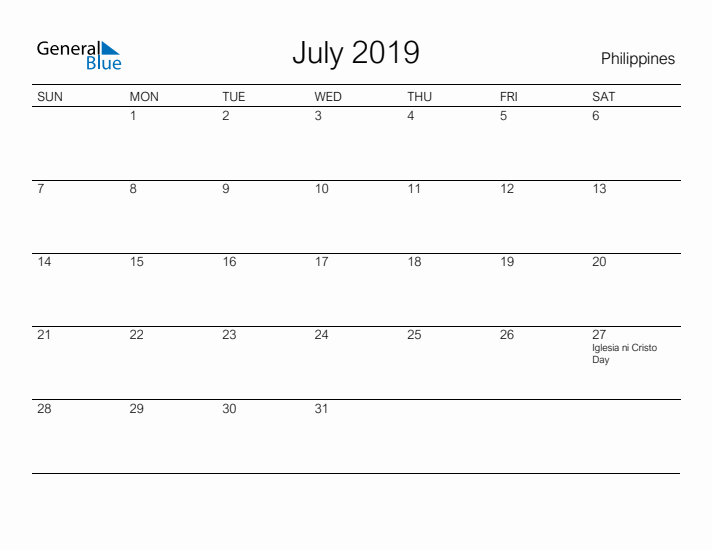 Printable July 2019 Calendar for Philippines