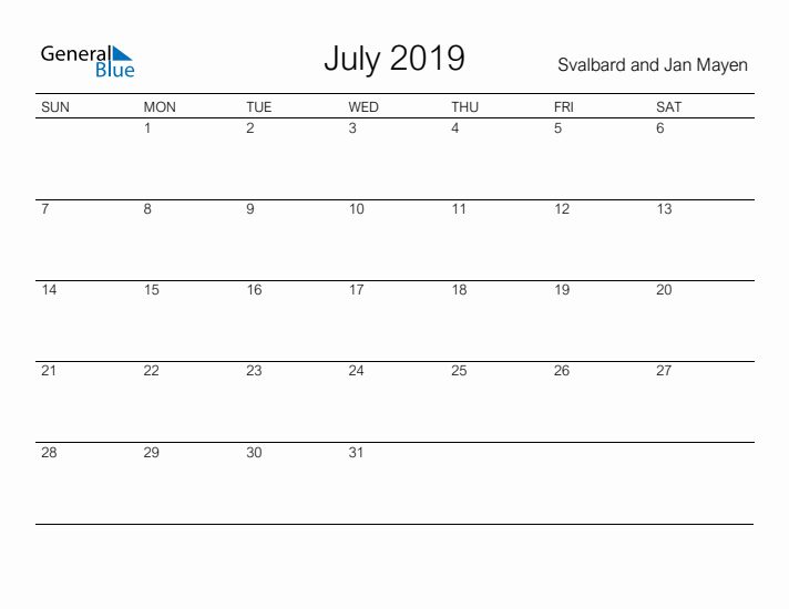 Printable July 2019 Calendar for Svalbard and Jan Mayen