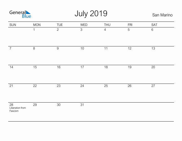 Printable July 2019 Calendar for San Marino