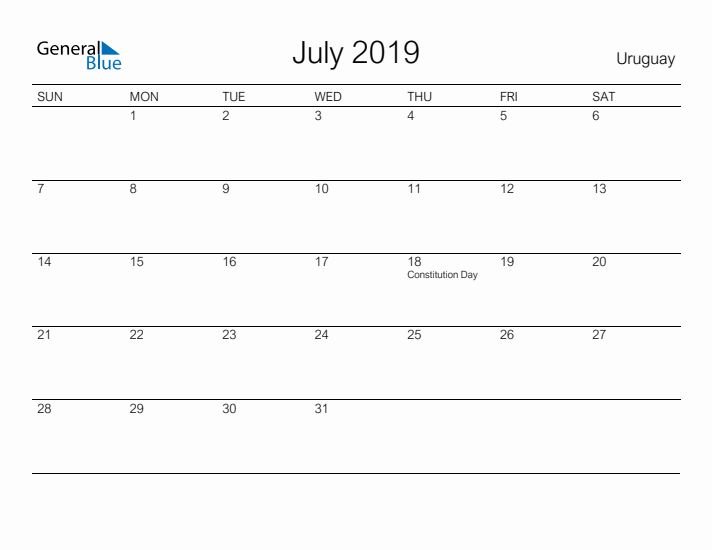 Printable July 2019 Calendar for Uruguay