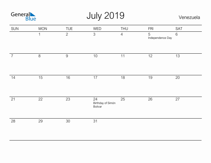 Printable July 2019 Calendar for Venezuela