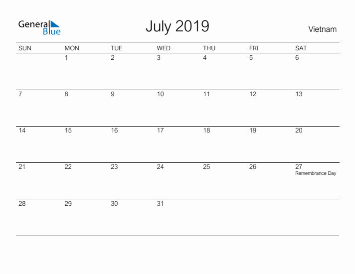 Printable July 2019 Calendar for Vietnam