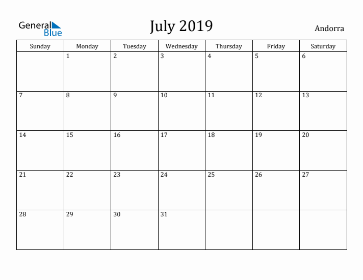 July 2019 Calendar Andorra