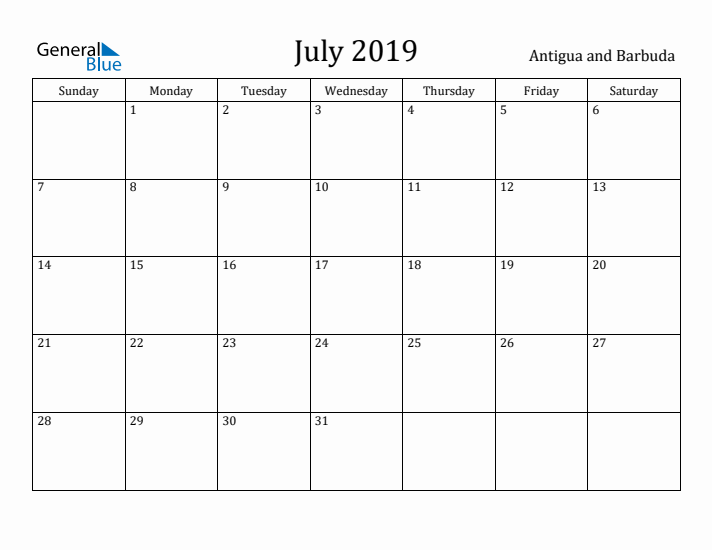 July 2019 Calendar Antigua and Barbuda