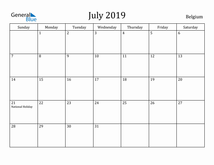 July 2019 Calendar Belgium