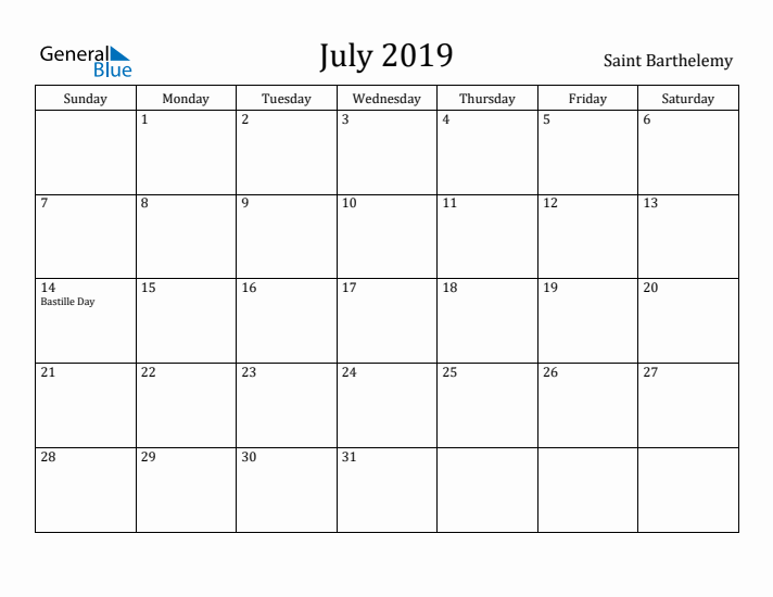 July 2019 Calendar Saint Barthelemy