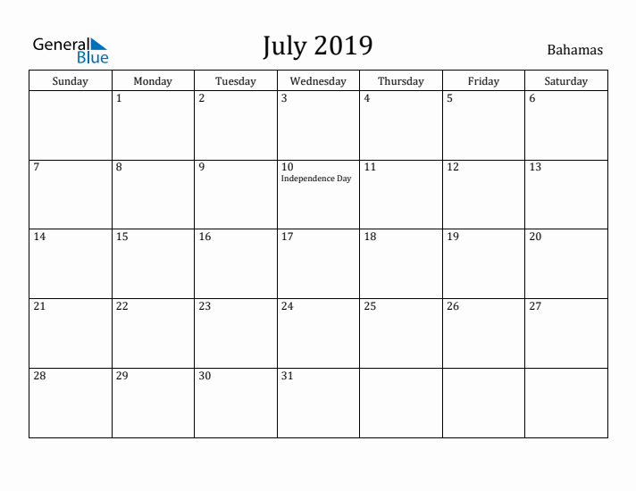 July 2019 Calendar Bahamas