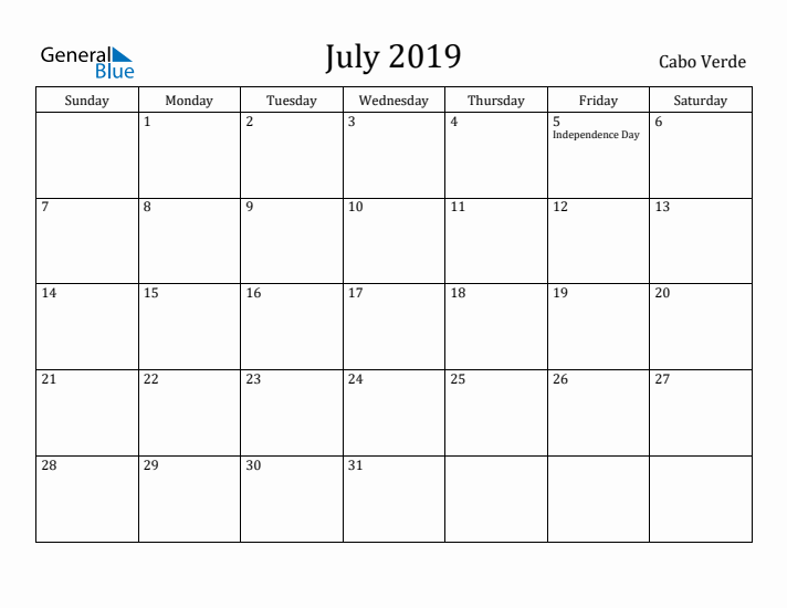 July 2019 Calendar Cabo Verde