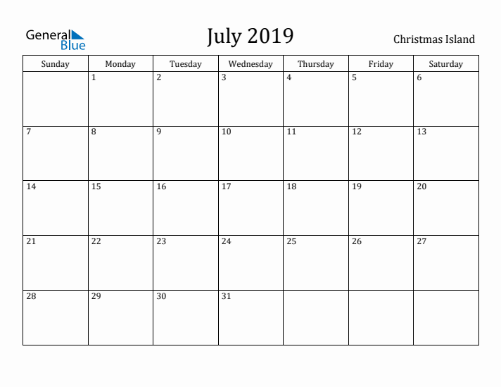 July 2019 Calendar Christmas Island