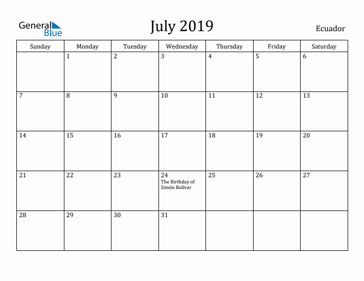 July 2019 Calendar Ecuador