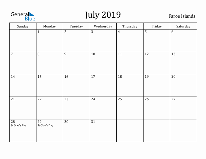 July 2019 Calendar Faroe Islands