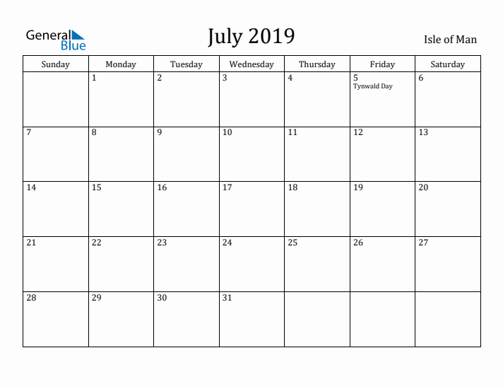 July 2019 Calendar Isle of Man