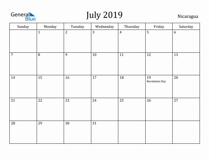 July 2019 Calendar Nicaragua