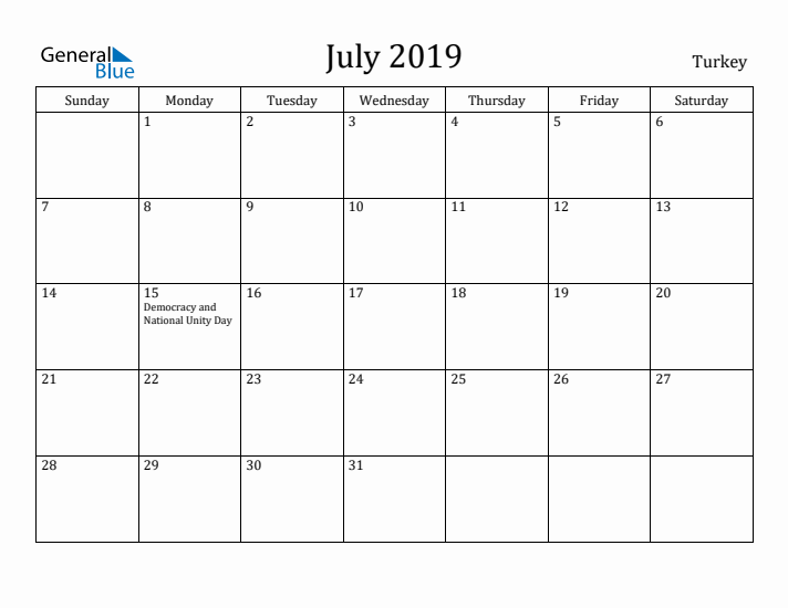 July 2019 Calendar Turkey