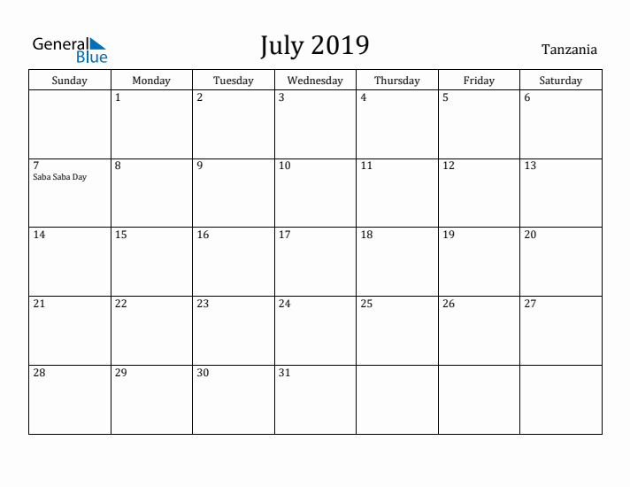 July 2019 Calendar Tanzania