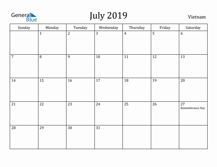 July 2019 Calendar Vietnam