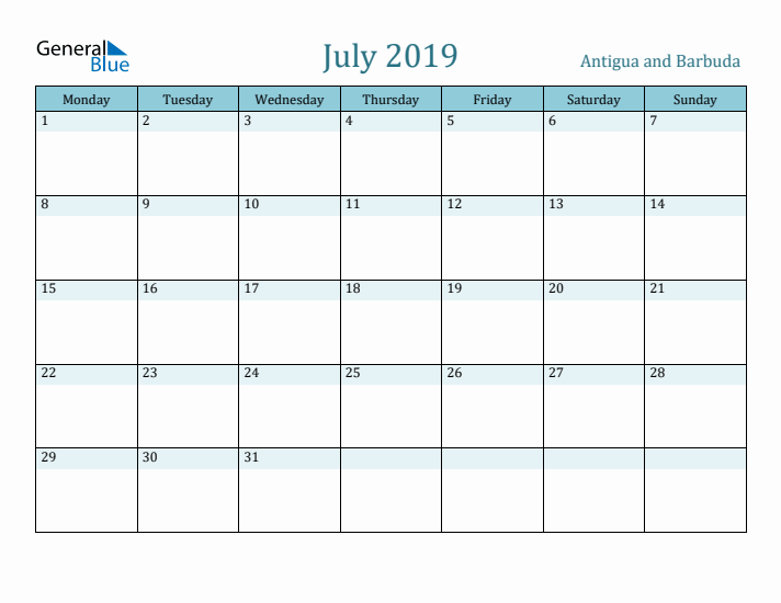 July 2019 Calendar with Holidays