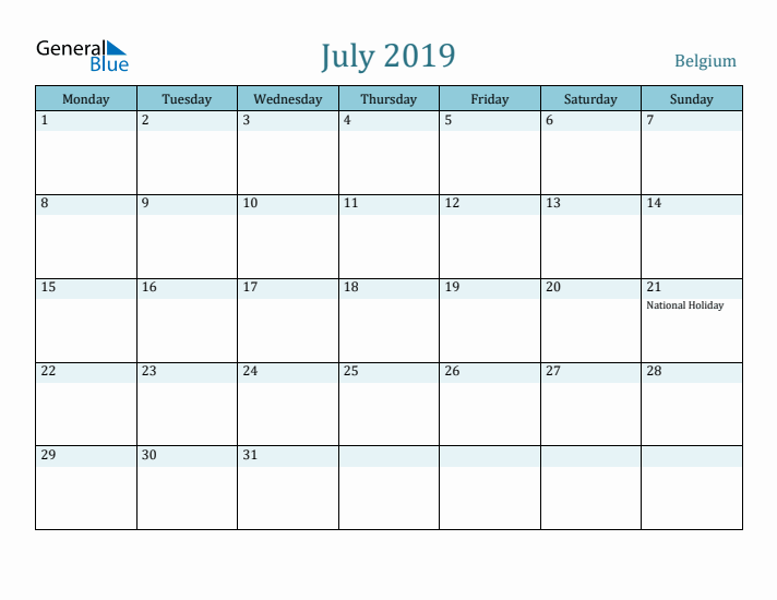 July 2019 Calendar with Holidays