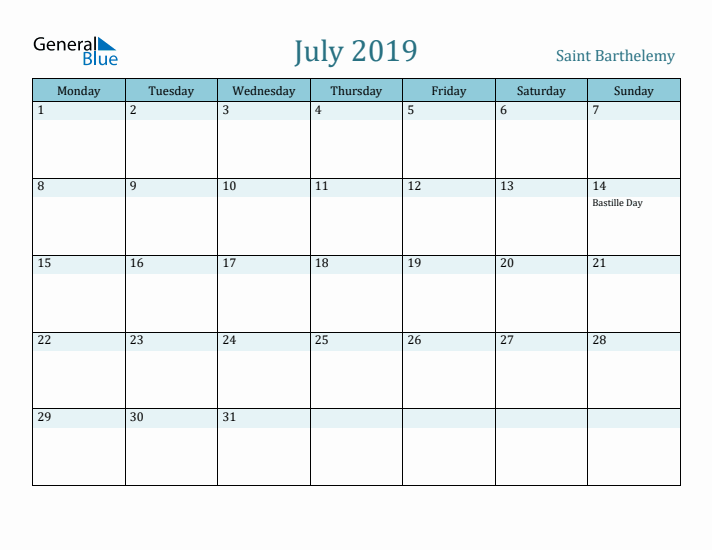 July 2019 Calendar with Holidays