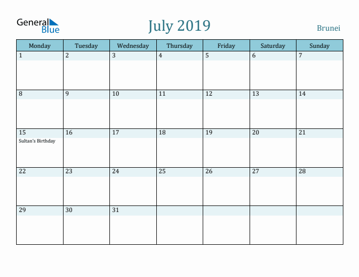 July 2019 Calendar with Holidays