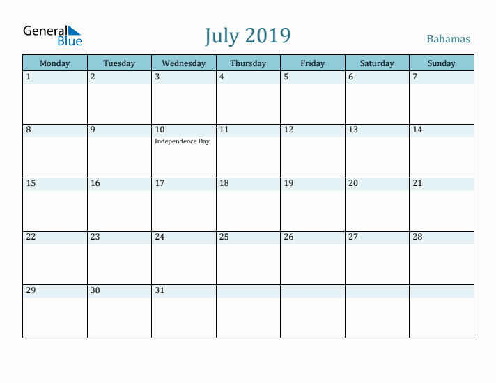 July 2019 Calendar with Holidays