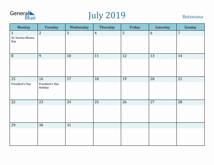 July 2019 Calendar with Holidays