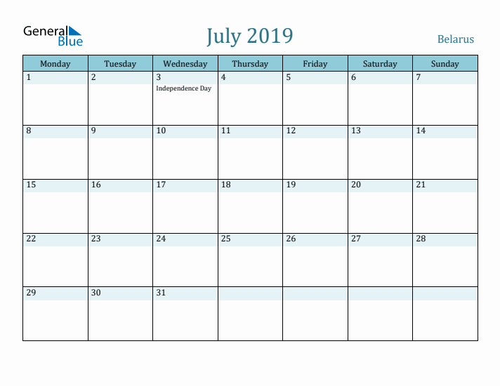 July 2019 Calendar with Holidays