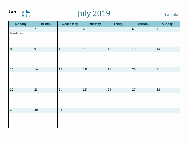 July 2019 Calendar with Holidays