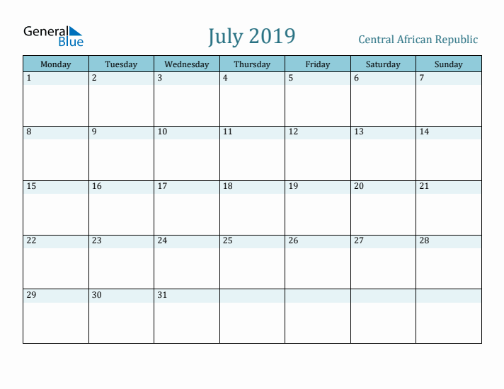 July 2019 Calendar with Holidays