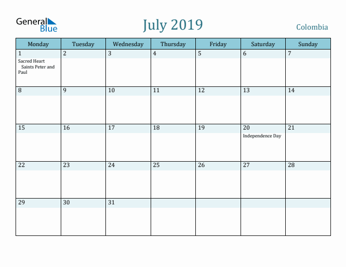 July 2019 Calendar with Holidays