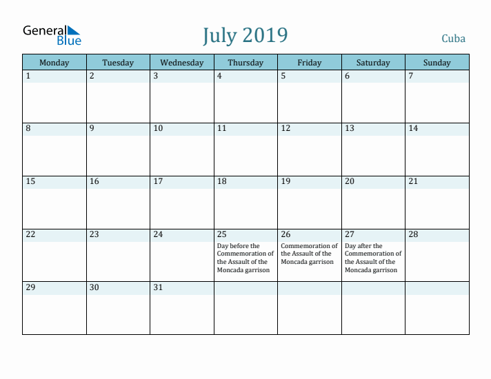 July 2019 Calendar with Holidays