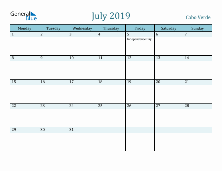 July 2019 Calendar with Holidays