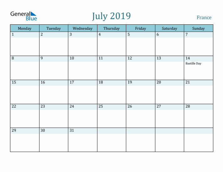 July 2019 Calendar with Holidays