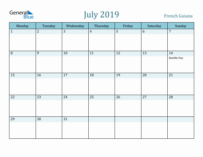 July 2019 Calendar with Holidays