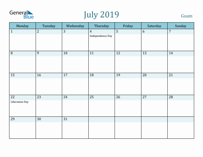 July 2019 Calendar with Holidays