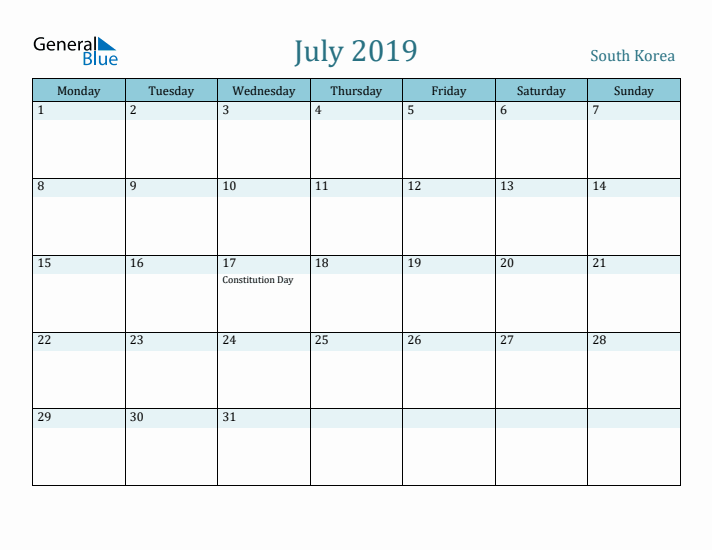 July 2019 Calendar with Holidays