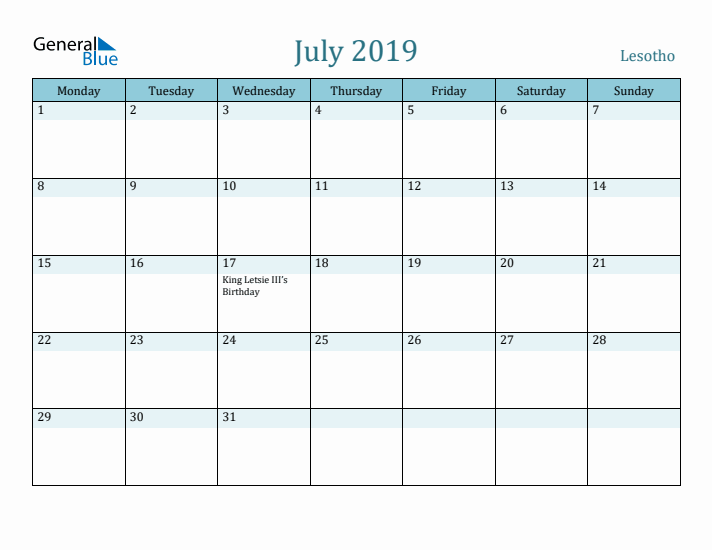 July 2019 Calendar with Holidays