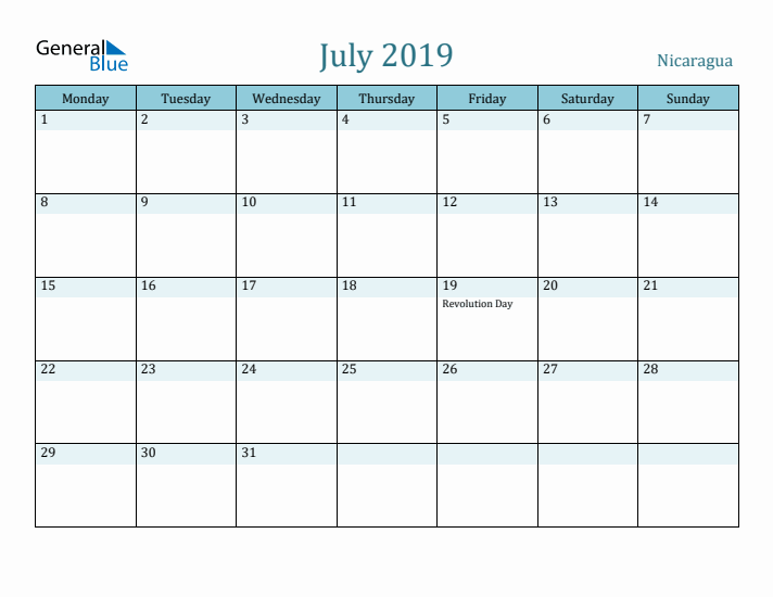 July 2019 Calendar with Holidays