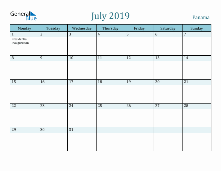 July 2019 Calendar with Holidays