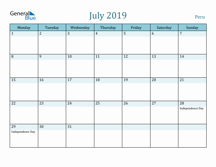 July 2019 Calendar with Holidays