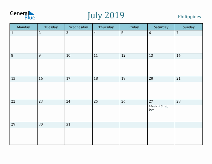 July 2019 Calendar with Holidays