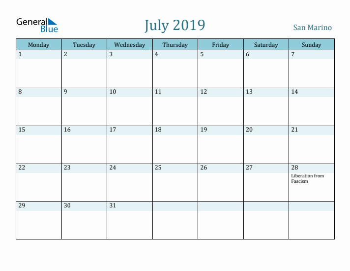 July 2019 Calendar with Holidays