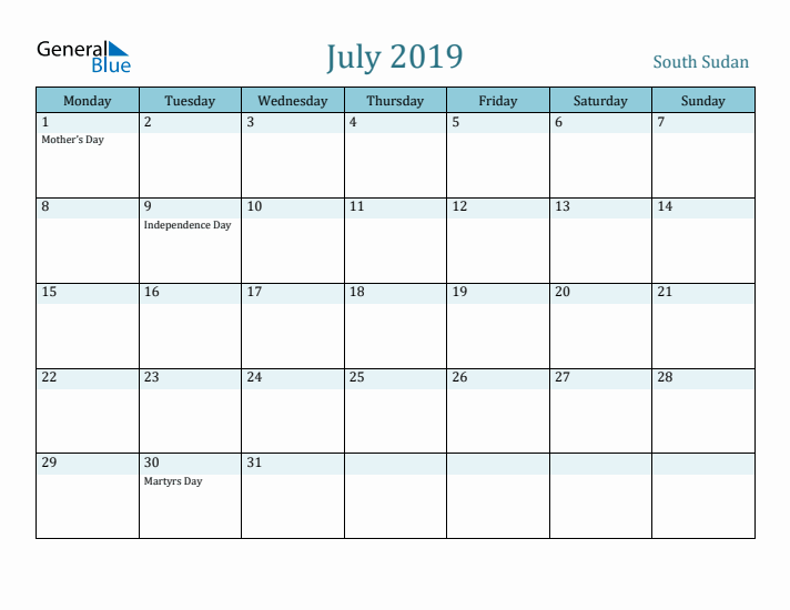 July 2019 Calendar with Holidays